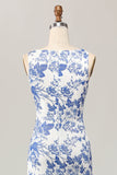 Vestido largo de invitada de boda blanco azul con estampado floral