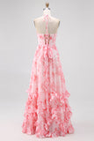 Vestido de invitada a boda con estampado floral halter con cuentas de rubor y abertura
