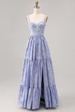 Vestido de invitada de boda con cuentas de una línea de flores azules con abertura