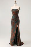 Vestido de dama de honor de terciopelo quemado con corsé verde pavo real sin tirantes con abertura