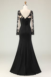 Vestido largo de sirena negra con cuello en V para la madre de la novia con apliques de encaje