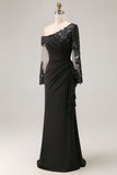 Vestido de madre de la novia negro de manga larga y manga larga fruncido