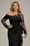 Vestido de madre de la novia negro de manga larga y manga larga fruncido