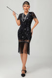 Vestido flapper de lentejuelas con flecos rojos negros de los años 20