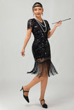 Vestido negro de lentejuelas Gatsby de los años 20 con flecos