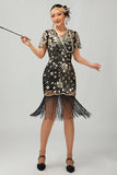 Vestido negro de lentejuelas Gatsby de los años 20 con flecos
