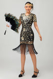Vestido negro de lentejuelas Gatsby de los años 20 con flecos