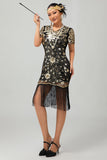 Vestido de lentejuelas doradas negras de los años 20 con flecos