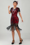 Vestido de lentejuelas con flecos rojo negro y rojo de la década de 1920 con conjunto de accesorios de 5 piezas