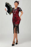 Vestido flapper de lentejuelas con flecos rojos negros de los años 20