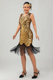 Vestido ajustado dorado brillante con flecosConjunto de accesorios de la década de 1920 con 5 piezas