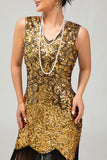Vestido ajustado dorado brillante con flecosConjunto de accesorios de la década de 1920 con 5 piezas