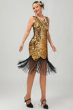 Vestido ajustado dorado brillante con flecosConjunto de accesorios de la década de 1920 con 5 piezas
