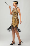 Vestido ajustado dorado brillante con flecosConjunto de accesorios de la década de 1920 con 5 piezas