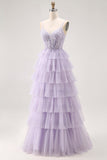 Vestido largo de baile con corsé de cuentas Lilac A Line con abertura