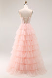 Vestido largo de fiesta con volantes en capas y lentejuelas Blush A Line Corset con apliques