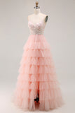 Vestido largo de fiesta con volantes en capas y lentejuelas Blush A Line Corset con apliques