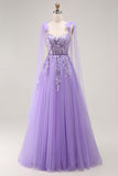 Vestido largo de fiesta de tul con cordones en la espalda con lentejuelas morado A Line con tirantes de lazo