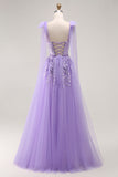 Vestido largo de fiesta de tul con cordones en la espalda con lentejuelas morado A Line con tirantes de lazo