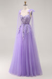 Vestido largo de fiesta de tul con cordones en la espalda con lentejuelas morado A Line con tirantes de lazo