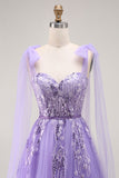 Vestido largo de fiesta de tul con cordones en la espalda con lentejuelas morado A Line con tirantes de lazo