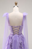 Vestido largo de fiesta de tul con cordones en la espalda con lentejuelas morado A Line con tirantes de lazo