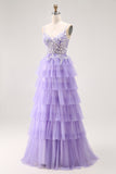 Vestido de fiesta largo con corsé de tul con lentejuelas moradas y cordones en la espalda