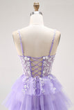 Vestido de fiesta largo con corsé de tul con lentejuelas moradas y cordones en la espalda