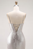 Vestido largo de fiesta plisado con pliegues y corsé de sirena gris con abertura