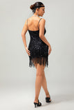 Vestido corto de lentejuelas negras brillantes de Gatsby de los años 20 con flecos