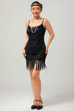 Vestido corto de lentejuelas negras brillantes de Gatsby de los años 20 con flecos