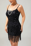 Vestido corto de lentejuelas negras brillantes de Gatsby de los años 20 con flecos