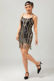 Vestido corto Gatsby de lentejuelas doradas negras de la década de 1920 con flecos