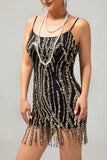 Vestido corto Gatsby de lentejuelas doradas negras de la década de 1920 con flecos