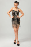 Vestido corto Gatsby de lentejuelas doradas negras de la década de 1920 con flecos