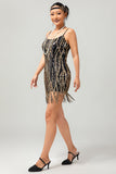 Vestido corto Gatsby de lentejuelas doradas negras de la década de 1920 con flecos