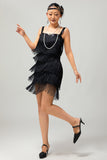Vestido corto ajustado de lentejuelas negras de Gatsby de los años 20 con flecos