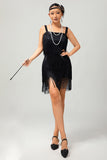 Vestido corto ajustado de lentejuelas negras de Gatsby de los años 20 con flecos