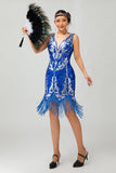 Vestido corto de lentejuelas azul real Gatsby de los años 20 con flecos