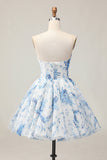 Vestido de regreso a casa con cuentas estampadas sin tirantes de flores azules blancas