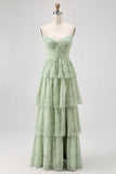 Vestido largo de dama de honor con corsé Dusty Sage A Line de gasa escalonada con abertura