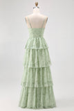 Vestido largo de dama de honor con corsé Dusty Sage A Line de gasa escalonada con abertura