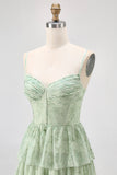Vestido largo de dama de honor con corsé Dusty Sage A Line de gasa escalonada con abertura