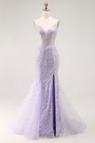 Vestido largo de fiesta de sirena con lentejuelas moradas y abertura