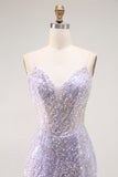 Vestido largo de fiesta de sirena con lentejuelas moradas y abertura
