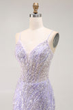 Vestido largo de fiesta de sirena con lentejuelas moradas y abertura
