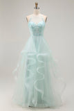Vestido largo de fiesta de tul con apliques en verde claro A Line