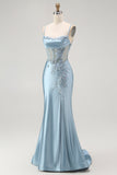 Vestido largo de baile con corsé con apliques de sirena gris azul y cuentas con abertura