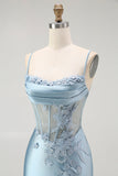 Vestido largo de baile con corsé con apliques de sirena gris azul y cuentas con abertura