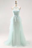 Vestido largo de fiesta con corsé de lentejuelas halter verde claro brillante con cuentas